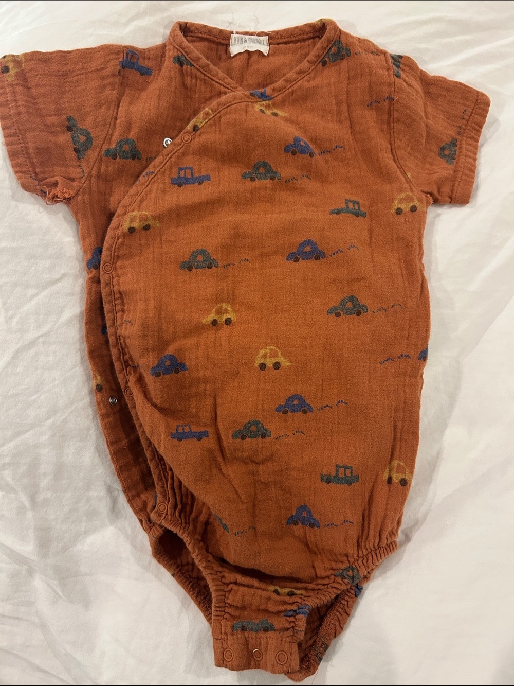 Fin Vince wrap onesie cars rust brown Orange Muslin Baby with Car Print 18 24